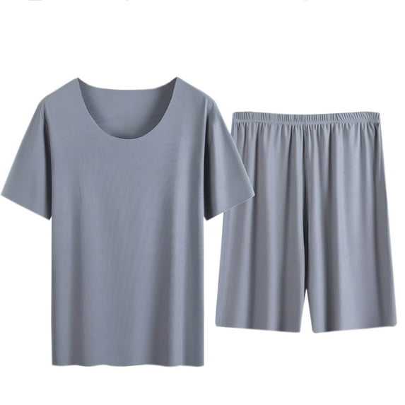 Wdfiry Men Pajama Shorts Set Short Sleeve Sleep Set Crewneck PJ Set 2Pcs Set Sleepwear Nightwear