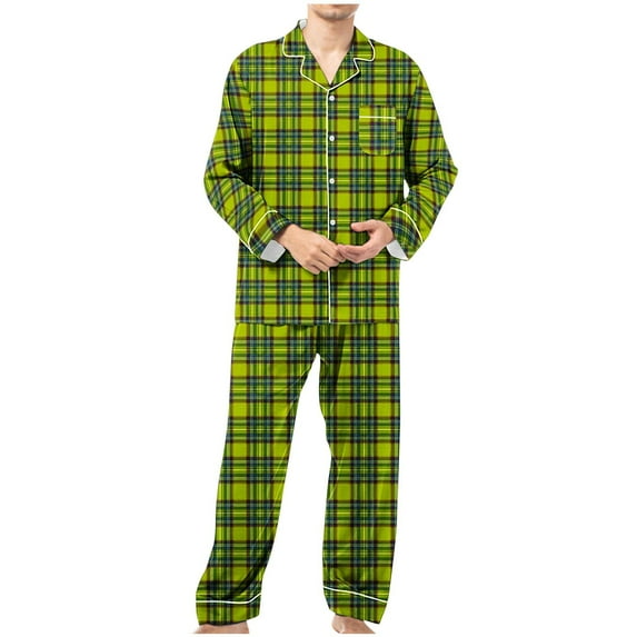 Wdfiry Men Pajamas Set Two Pieces Long Sleeve Plaid Sleepwear Button Down Loungewear Set Soft Pj Set with Pockets