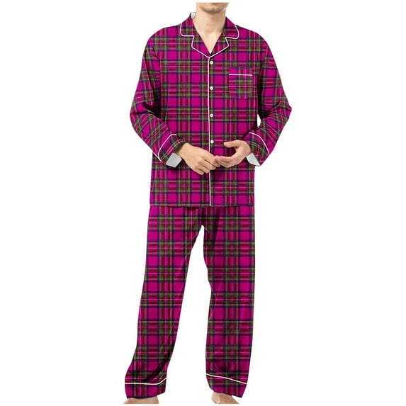 Wdfiry Men Pajamas Set Two Pieces Long Sleeve Plaid Sleepwear Button Down Loungewear Set Soft Pj Set with Pockets
