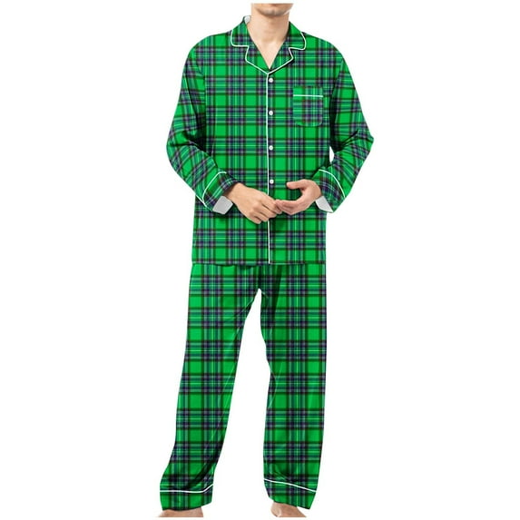 Wdfiry Men Pajamas Set Two Pieces Long Sleeve Plaid Sleepwear Button Down Loungewear Set Soft Pj Set with Pockets