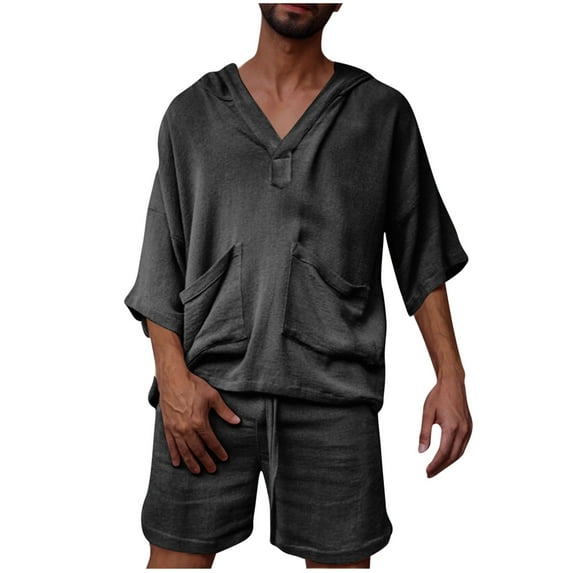 Ohufall Men Summer 2 Piece Sets Casual Solid Color Cotton Linen Hooded T-shirts and Drawstring Beach Shorts Fashion Loose Tracksuits with Pockets