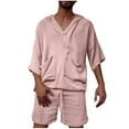thumbnail image 1 of Ohufall Men Summer 2 Piece Sets Casual Solid Color Cotton Linen Hooded T-shirts and Drawstring Beach Shorts Fashion Loose Tracksuits with Pockets, 1 of 5