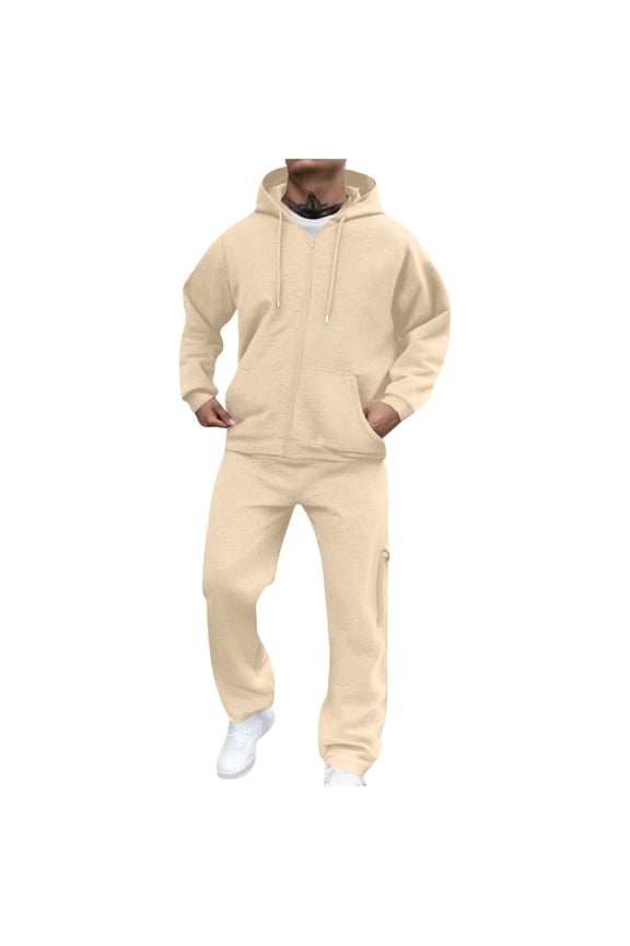 Men's 2 Piece Hooded Sweatsuits Solid Color Lightweight Plus Size Long Sleeve Workout Sets Zipper Drawstring Hoodie Sweatshirts and Wide Leg Sweatpants Sets
