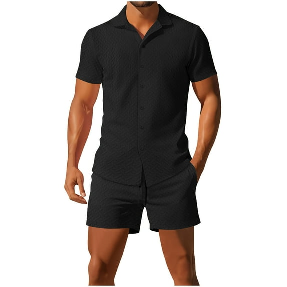 Ohufall Men's 2 Piece Outfits Fashion Solid Short Sleeve Beach Shirts with Drawstring Shorts Summer Two Piece Button Down Lapel Shirt Short Sets