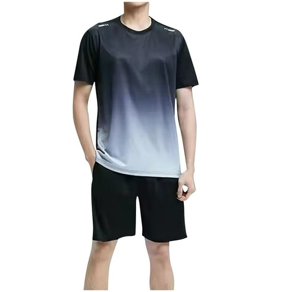 Ohufall Men's 2 Piece Outfits Gradient Color Short Sleeve Round Neck T-Shirt Shorts Tracksuit Set with Pocket Summer Cool Breathable Workout Sport Sets