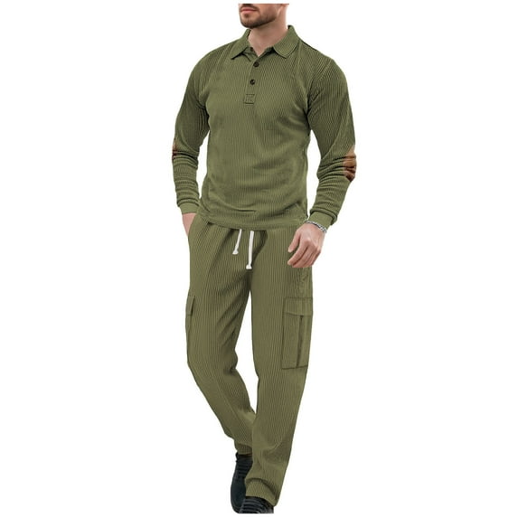 Wdfiry Men's 2 Piece Sweatsuits Plus Size Solid Color Ribbed Jogger Sets Button Turn-down Collar Long Sleeve Tops and Drawstring Side Pockets Pants Workout Sets