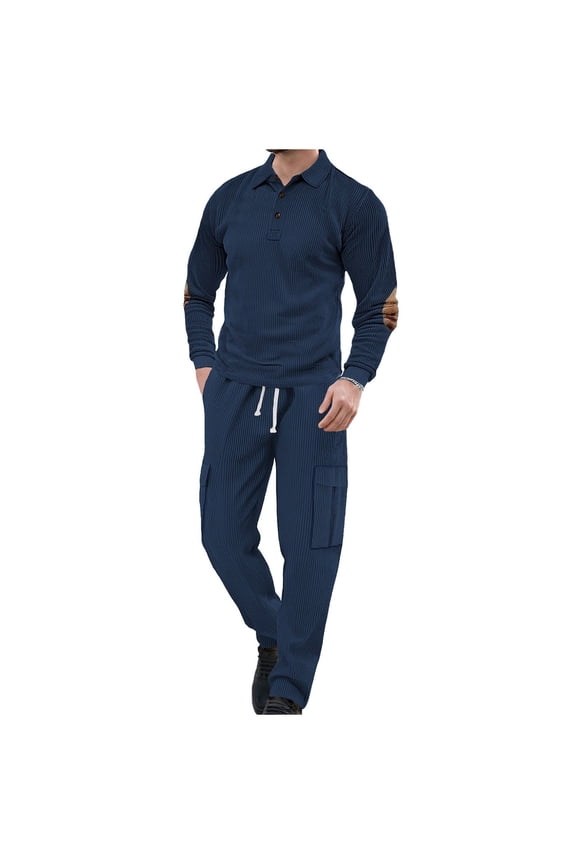 Men's 2 Piece Sweatsuits Plus Size Solid Color Ribbed Jogger Sets Button Turn-down Collar Long Sleeve Tops and Drawstring Side Pockets Pants Workout Sets