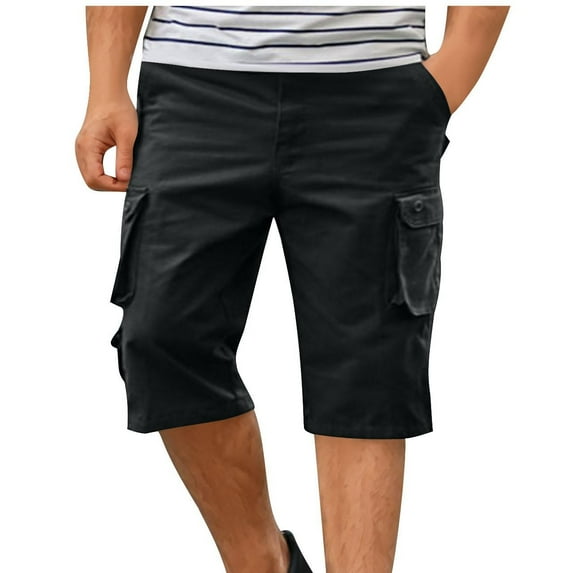 Ohufall Men's Cargo Shorts Plus Size Solid Color Casual Outdoor Sports Shorts Abrasion Multi Pocket Knee Length Cargo Shorts