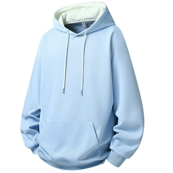 Wdfiry Men's Long Sleeve Hoodies Solid Color Trendy Drawstring Hoodie Tops Plus Size Casual Loose Sweatshirt with Front Pocket