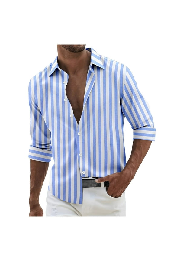 Men's Long Sleeve Shirts Fashion Strip Turn-down Collar Button Shirts Lounge Plus Size Fall Tops