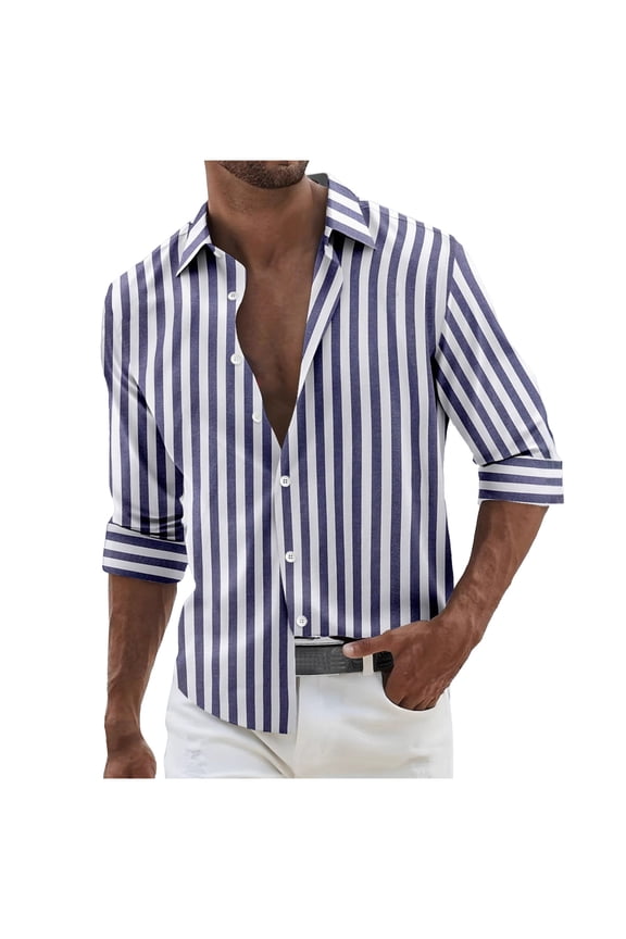 Men's Long Sleeve Shirts Fashion Strip Turn-down Collar Button Shirts Lounge Plus Size Fall Tops
