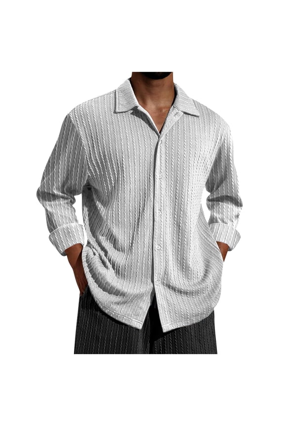 Men's Shirts Casual Solid Color Long Sleeve Button Blouses Thin Turn-down Collar Open Front Loose Tops