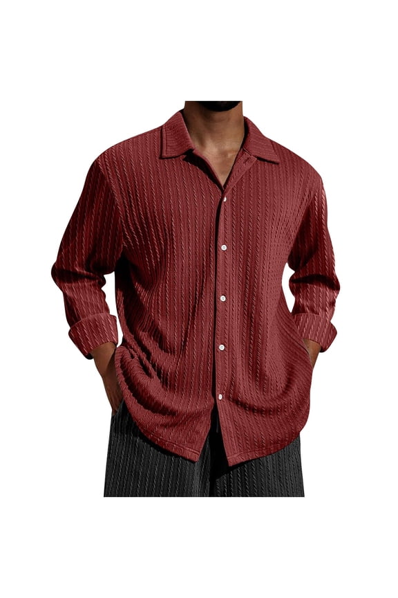 Men's Shirts Casual Solid Color Long Sleeve Button Blouses Thin Turn-down Collar Open Front Loose Tops