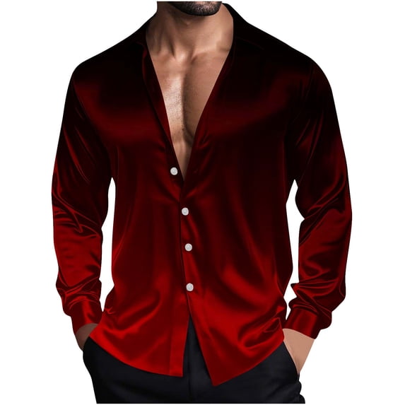 Wdfiry Men's Shirts Silk Satin Turn-down Collar Button Shirts Plus Size Gradient Color Casual Long Sleeve Tops