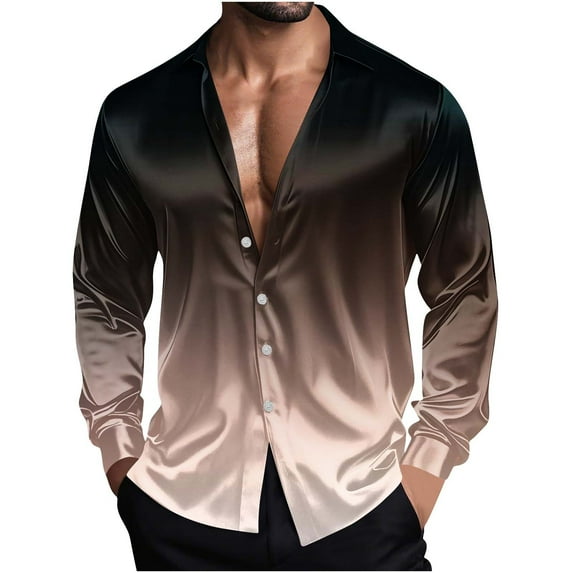 Wdfiry Men's Shirts Silk Satin Turn-down Collar Button Shirts Plus Size Gradient Color Casual Long Sleeve Tops