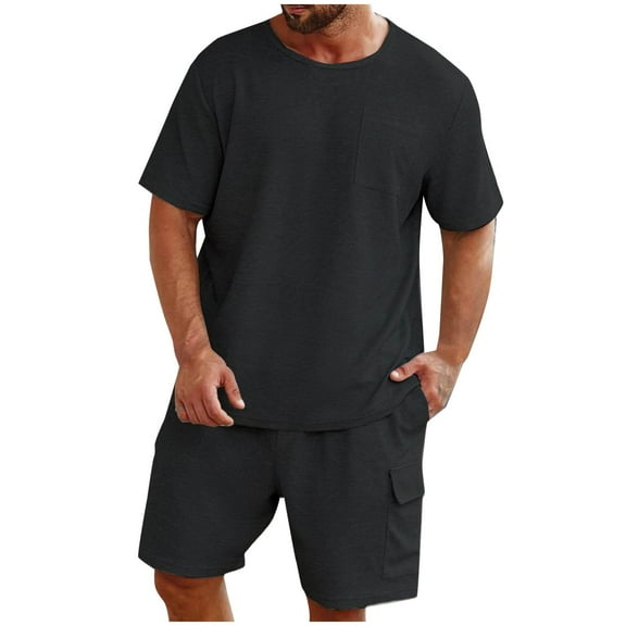Ohufall Men's Short Sets 2 Piece Outfits Fashion Casual Short Sleeve Crewneck Shirt and Beach Shorts with Multi Pockets Mens Short Sets 2 Piece Outfits