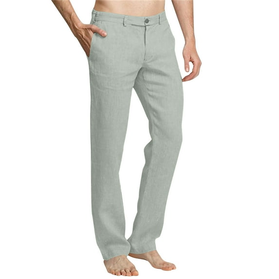 Ohufall Men's Slim Trousers Casual Fashion Pocket Solid Linen Pants Straight Elastic Waist Pants