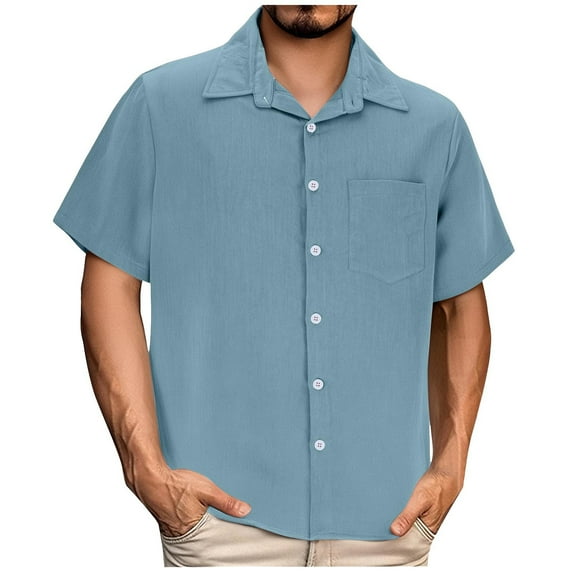 Ohufall Men's Solid Color Hawaiian Shirts Fashion Casual Lapel Button Short Sleeved Tops with Pocket
