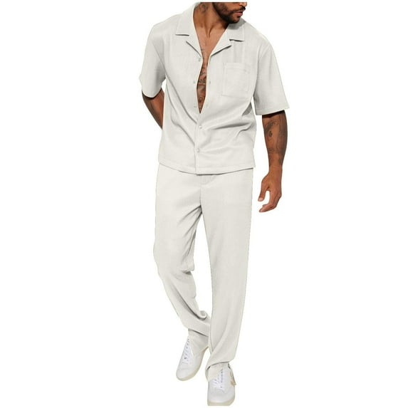 Wdfiry Men's Summer Outfits 2 Pieces Set Fashion Solid Casual Short Sleeve Button Down Lapel Shirts and Elastic Waist Shorts Two-Piece Tracksuit Set For Men