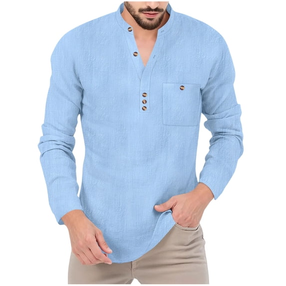 Wdfiry Men's T-shirts Plus Size Button V Neck Tops Solid Color Cotton Long Sleeve Fall Tops with Pockets