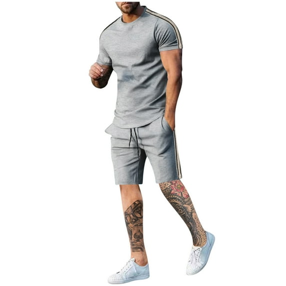 Wdfiry Men's Tracksuits 2 Pieces Set Summer Workout Outfits 2025 Fashion Casual Short Sleeve Round Neck Shirts with Athletic Shorts