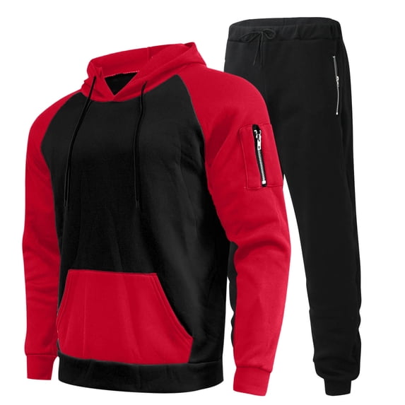 Wdfiry Mens 2 Piece Tracksuit Set Autumn Winter Color Block Hooded Pullover Sweatshirt and Jogging Bottoms Sports Suit with Pockets Patchwork Sweatsuit for Men