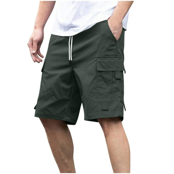 Ohufall Mens Cargo Shorts Fashion Casual Solid Knee Length Cargo Shorts Drawstring Elastic Waist Multi-pocket Straight Work Pant