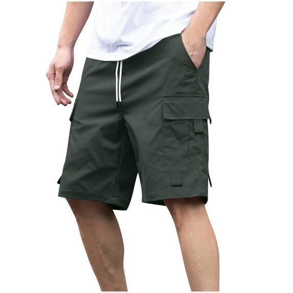 Ohufall Mens Cargo Shorts Fashion Casual Solid Knee Length Cargo Shorts Drawstring Elastic Waist Multi-pocket Straight Work Pant