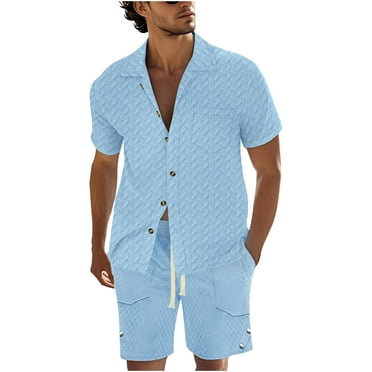 Ohufall Mens Gym Sport Short Sets Outfits 2 Piece Summer Tracksuit Sets Fashion Casual Short Sleeve Botton Down Lapel Shirt and Shorts with Pockets