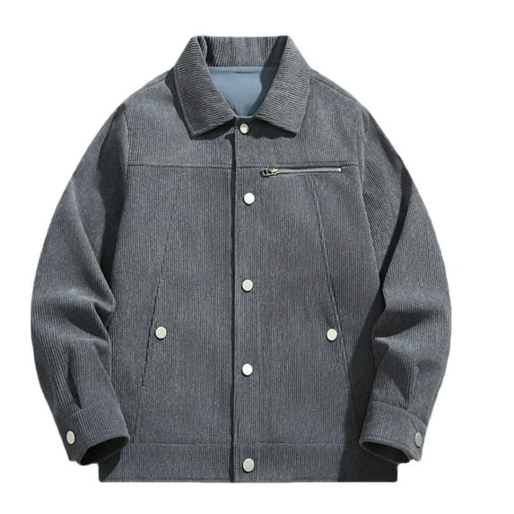 Wdfiry Mens Jackets Trendy Cotton Button Zip Turn-down Collar Jacket Outerwear Solid Color Plus Size Long Sleeve Pockets Coats