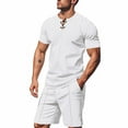 thumbnail image 1 of Ohufall Mens Shorts Set 2 Piece Summer Outfits 2025 Fashion Solid Color Casual V-Neck T-shirts and Elastic Waist Drawstring Shorts Big and Tall Tracksuit Set, 1 of 4