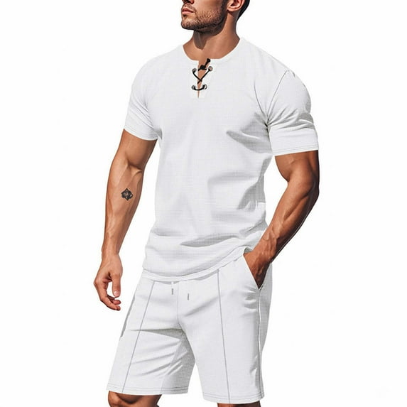 Ohufall Mens Shorts Set 2 Piece Summer Outfits 2025 Fashion Solid Color Casual V-Neck T-shirts and Elastic Waist Drawstring Shorts Big and Tall Tracksuit Set