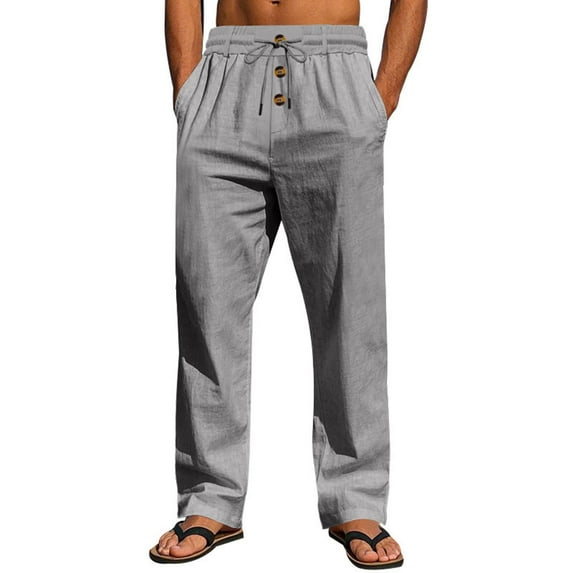 Ohufall Mens Solid Color Beach Pants Button Loose Skin-friendly Ventilate Linen Trousers Drawstring Elastic Waist Pants