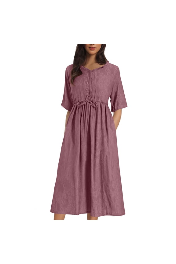 Midi Dress for Womens V Neck Elbow Sleeve Button Dress Cotton Tummy Control Adjustable Casual A-Line Dress