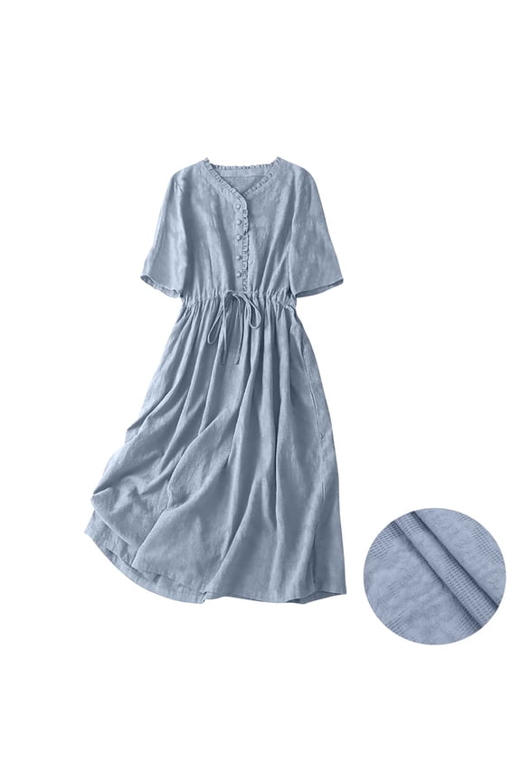 Midi Dress for Womens V Neck Elbow Sleeve Button Dress Cotton Tummy Control Adjustable Casual A-Line Dress