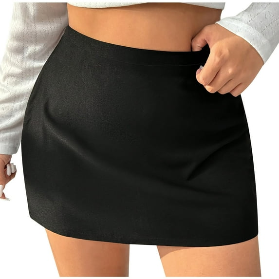 Wdfiry Mini Skirts for Womens High Waist Tummy Control Plus Size Skirts Short Pencil Skirts Office Wear Solid Color Fashion Black Mini Skirts