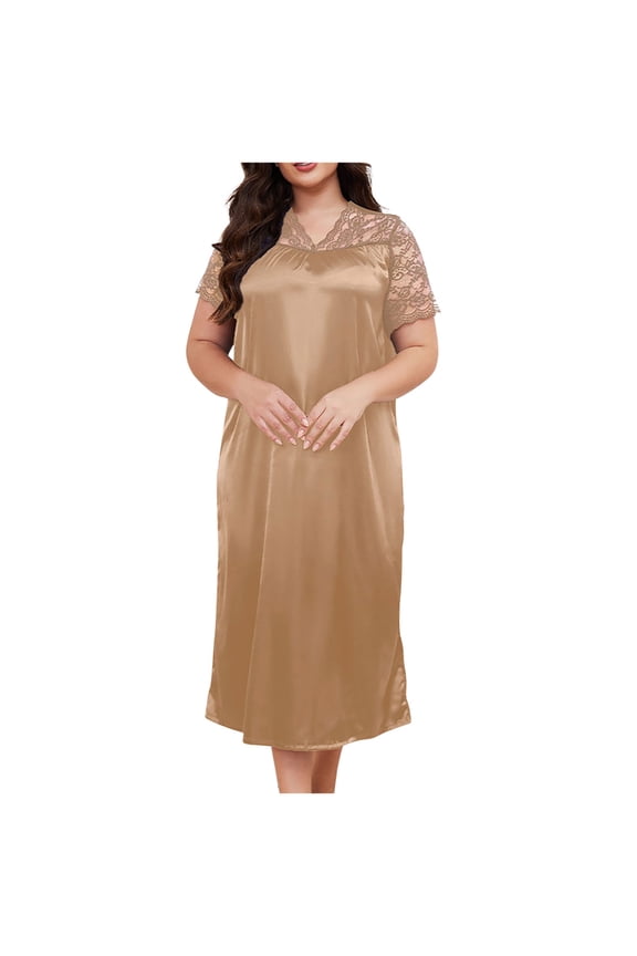 Nightgowns for Women Plus Size Solid Color Silk Satin Short Sleeve Sleepwear Comfortable Lace Splicing Long Nightdress