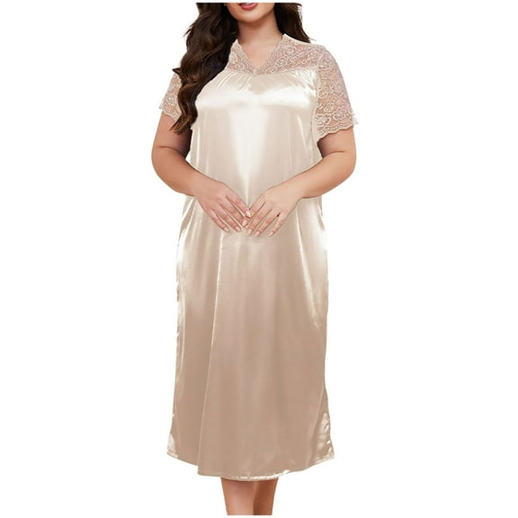 Wdfiry Nightgowns for Women Plus Size Solid Color Silk Satin Short Sleeve Sleepwear Comfortable Lace Splicing Long Nightdress