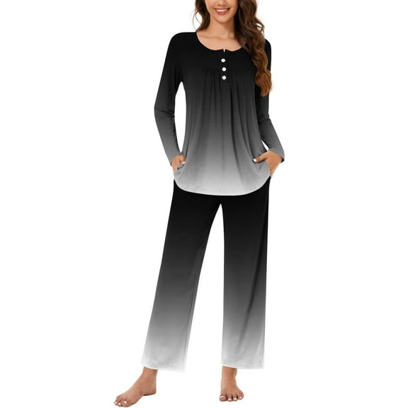 Wdfiry Pajama Sets for Women Casual Soft Gradient Color Crewneck Long Sleeve Tops and Pants 2 Pieces Outfits Sleepwear Pjs