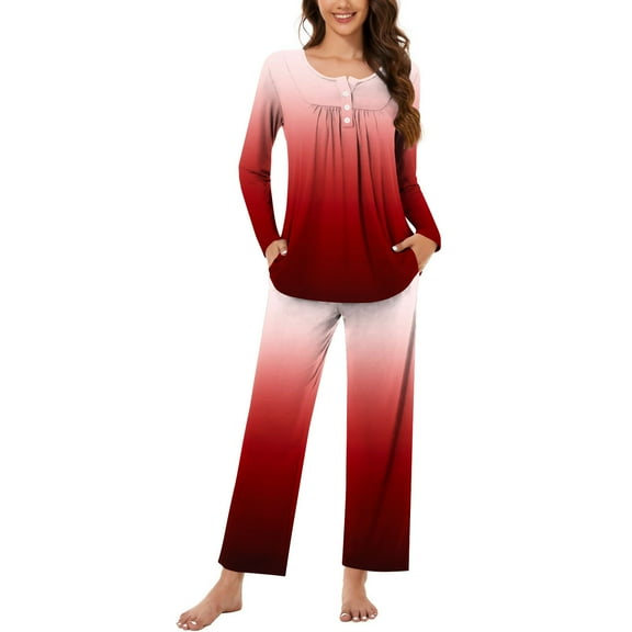 Wdfiry Pajama Sets for Women Casual Soft Gradient Color Crewneck Long Sleeve Tops and Pants 2 Pieces Outfits Sleepwear Pjs