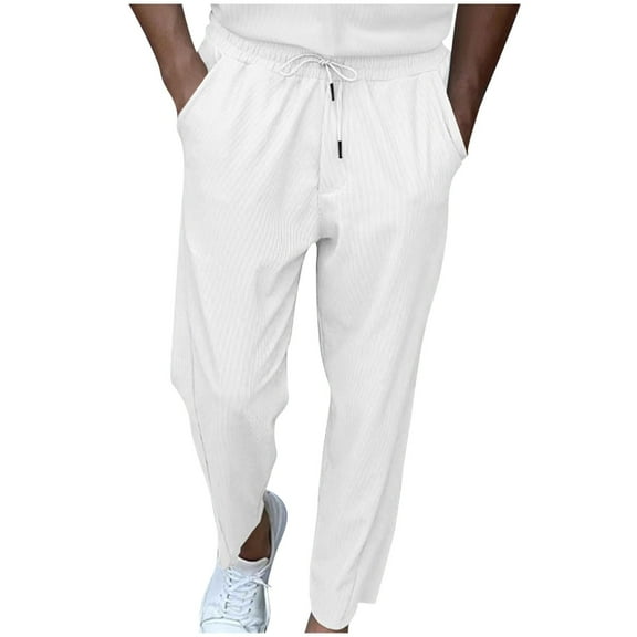 Wdfiry Pants for Men Elastic Waist Drawstring Casual Loose Solid Color Lightweight Straight Leg Trousers with Pockets