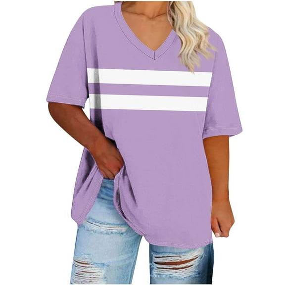 Ohufall Plus Size Blouses for Women Fashion Casual Stripe Printed Pullover V-Neck Tee Tops Summer Cool and Comfortable Short Sleeve Shirts