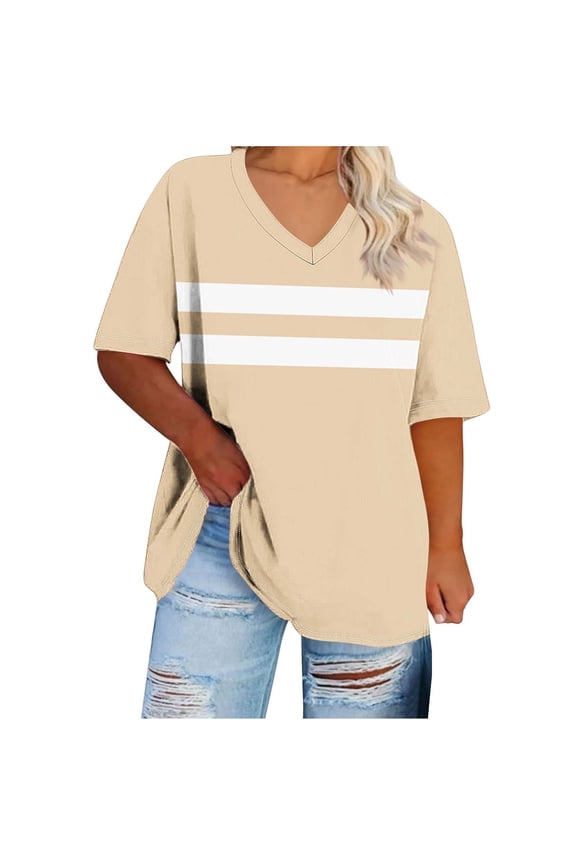 Plus Size Blouses for Women Fashion Casual Stripe Printed Pullover V-Neck Tee Tops Summer Cool and Comfortable Short Sleeve Shirts