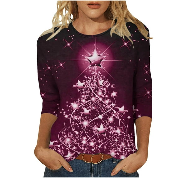 Wdfiry Plus Size Christmas Shirts for Women Xmas Tree Print Holiday Tops 3/4 Sleeve Crewneck Tunic Blouses