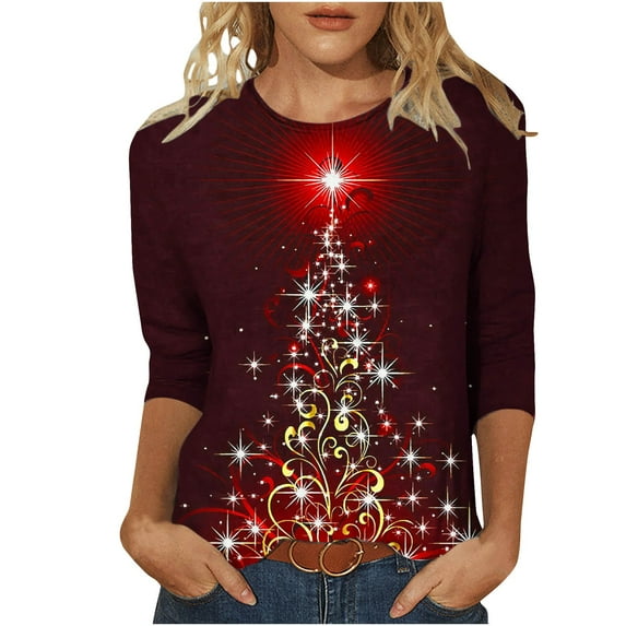 Wdfiry Plus Size Christmas Shirts for Women Xmas Tree Print Holiday Tops 3/4 Sleeve Crewneck Tunic Blouses