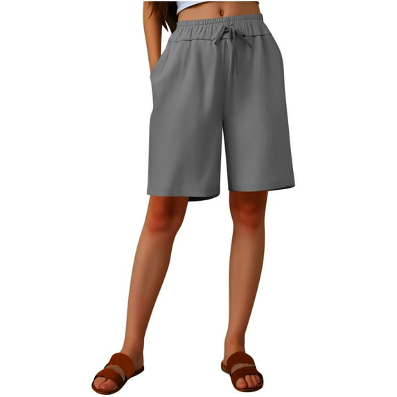 Ohufall Plus Size Cotton Linen Shorts for Women Fashion Solid Color Casual Drawstring Elastic High Waist Short Pants Summer Loose Fit Wide Leg Shorts with Pockets