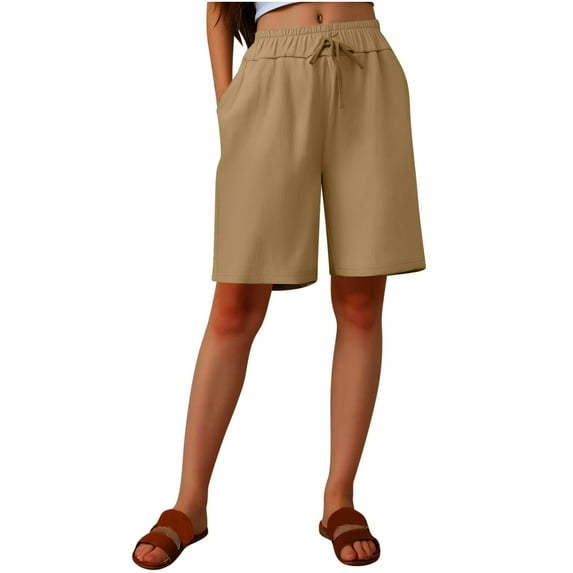Ohufall Plus Size Cotton Linen Shorts for Women Fashion Solid Color Casual Drawstring Elastic High Waist Short Pants Summer Loose Fit Wide Leg Shorts with Pockets