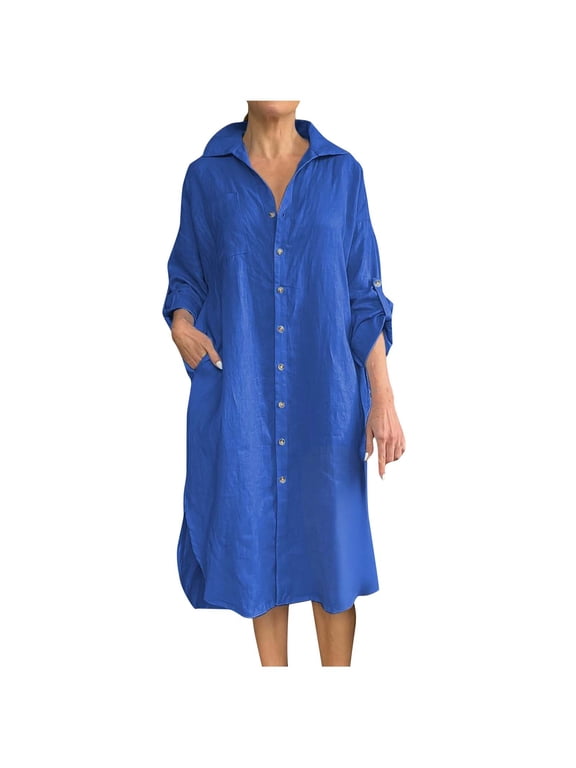 Plus Size Dress for Women Cotton Linen Lapel Button Down Side Slit T-shirt Dress Solid Color Loose Long Sleeve Dresses with Pocket