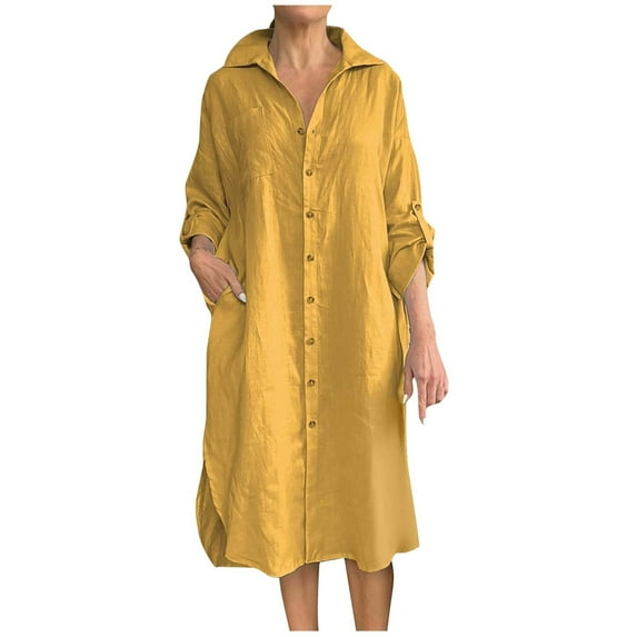 Wdfiry Plus Size Dress for Women Cotton Linen Lapel Button Down Side Slit T-shirt Dress Solid Color Loose Long Sleeve Dresses with Pocket