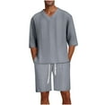 thumbnail image 1 of Ohufall Plus Size Outfits for Men 2 Pieces Set Fashion Solid Casual V-Neck Tee Shirts and Drawstring Elastic Waist Shorts Summer Beach T-shirt Short Sets, 1 of 7